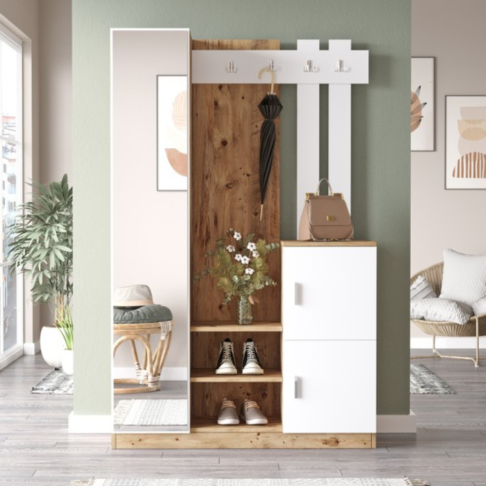 Robin Home Liva Aynalı Vestiyer Portmanto Ayakkabılık Çam-Beyaz Portmanto Fiyatı