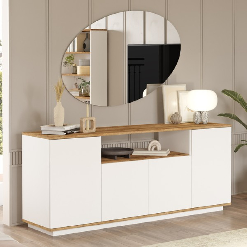 Robin Home Loft Konsol 4 Kapaklı Raflı 180CM Çam-Beyaz - 180x44,5x75 - Beyaz Konsol Mobilya Fiyatı