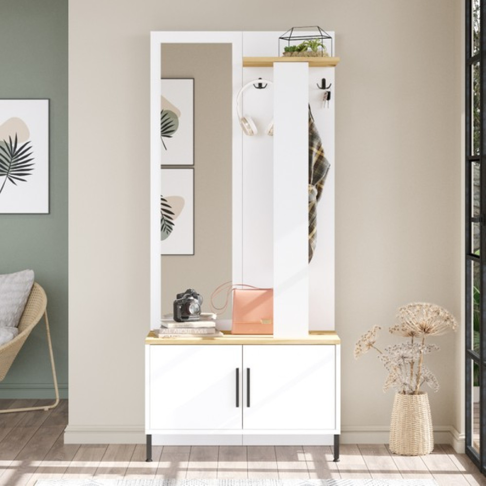 Robin Home Luna Aynalı Vestiyer Portmanto Ayakkabılık Beyaz - Keçe Portmanto Fiyatı