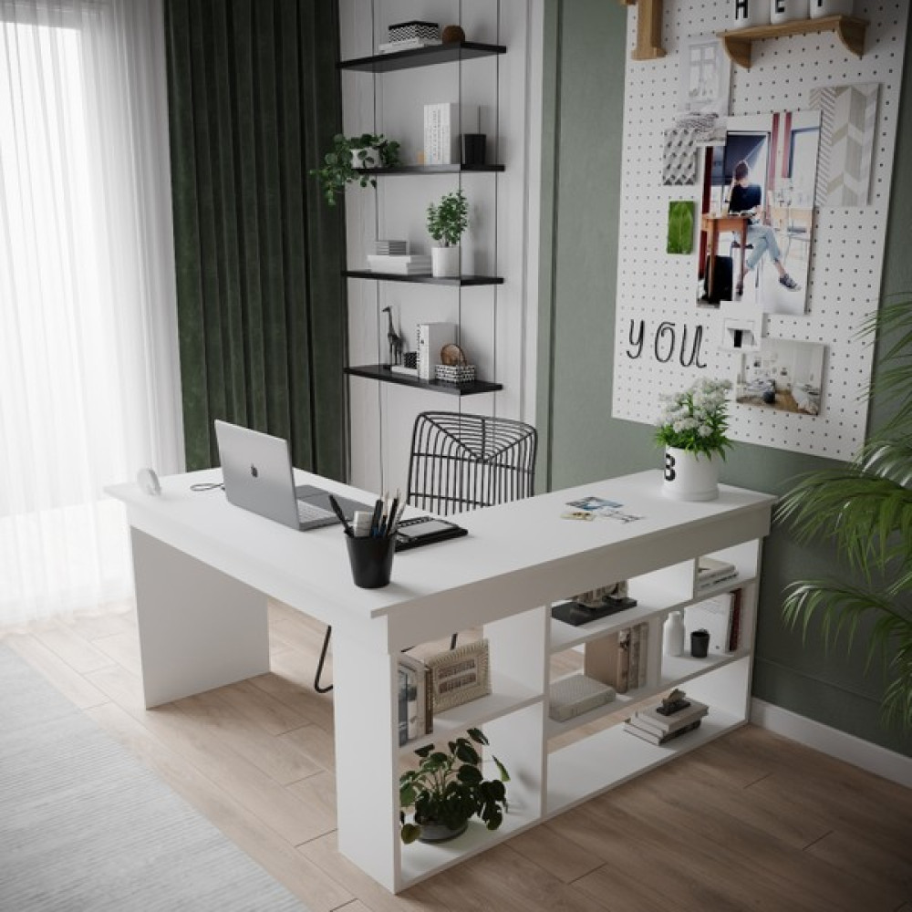 Robin Home Martin Kitaplık Raflı Çalışma Masası L Ofis Masası Beyaz Çalışma Masası Fiyatı