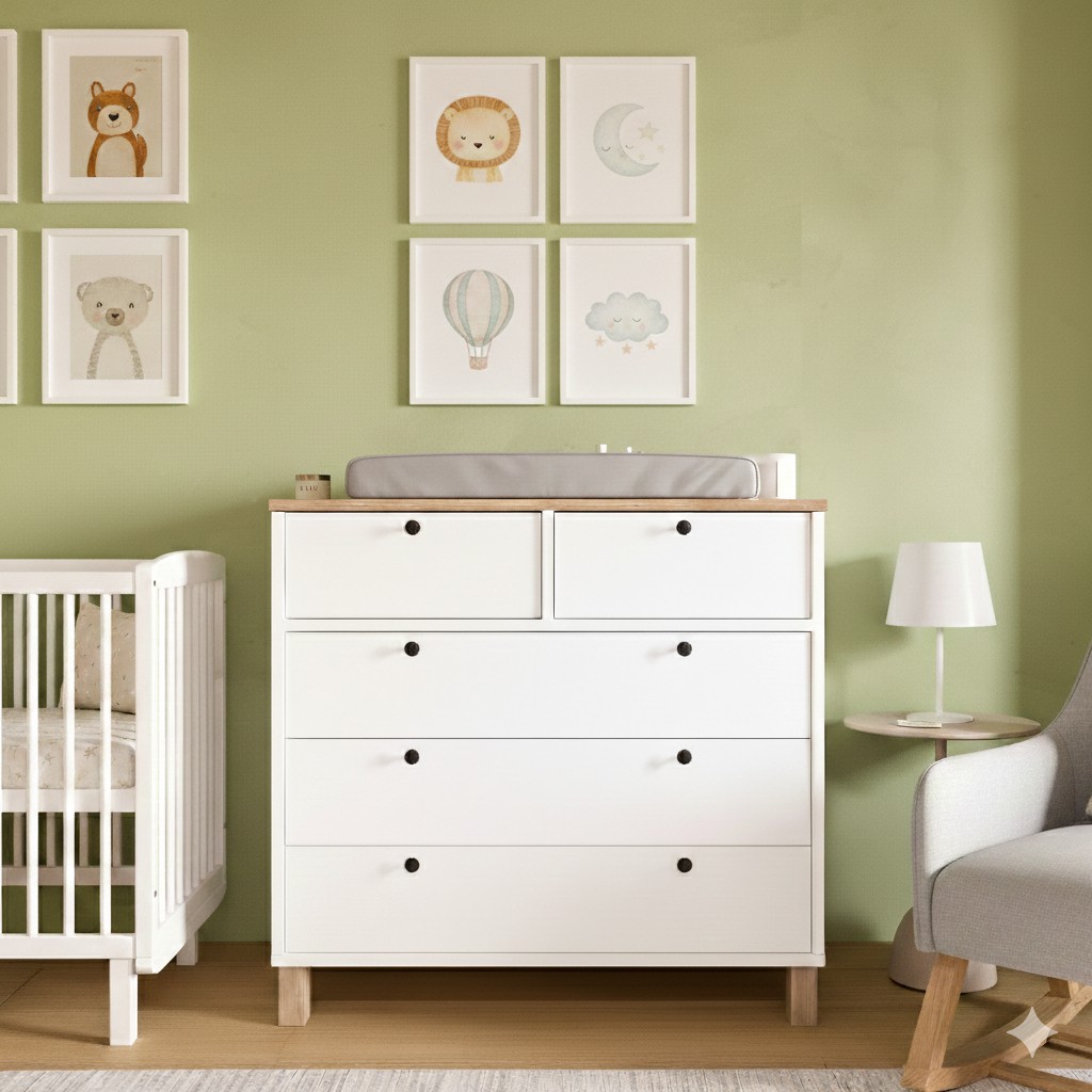 Robin Home Merlin Bebek Odası Çocuk Odası Şifonyer 5 Çekmece Ahşap Ayaklı Beyaz-Sepet - Beyaz - Ahşap Diğer Fiyatı
