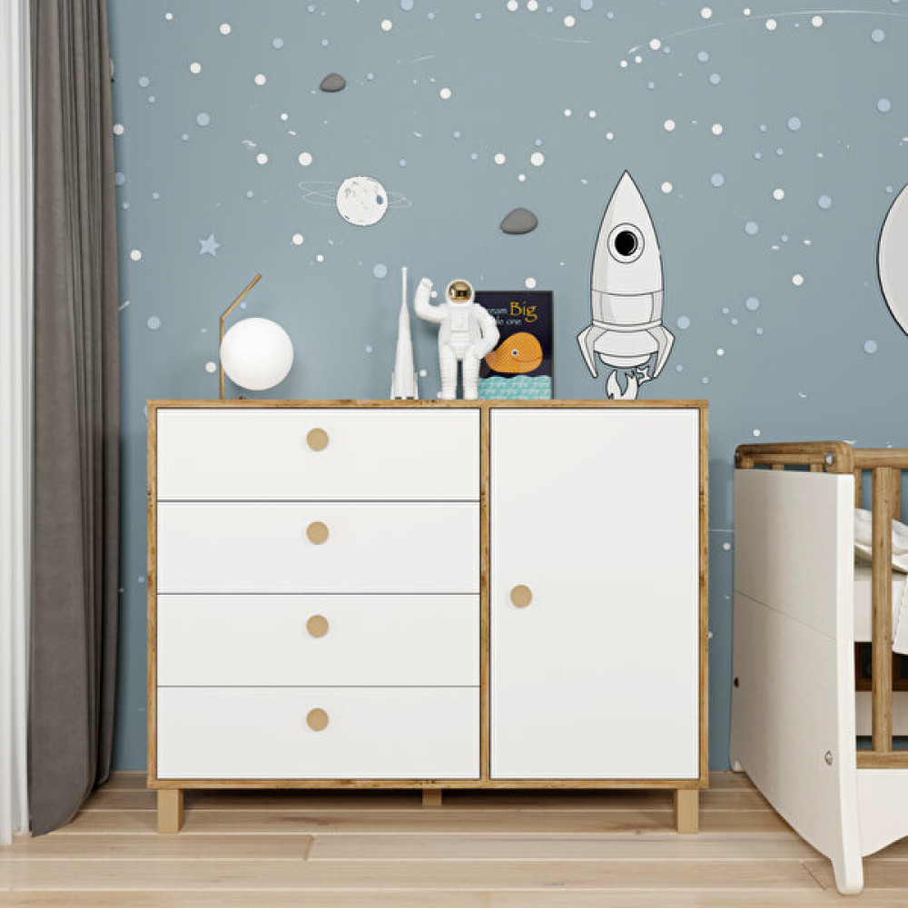 Robin Home Merlin Bebek Odası Çocuk Şifonyer Ahşap Ayak 4 Çekmece Kapaklı M81 Beyaz - Çam Şifonyer Fiyatı