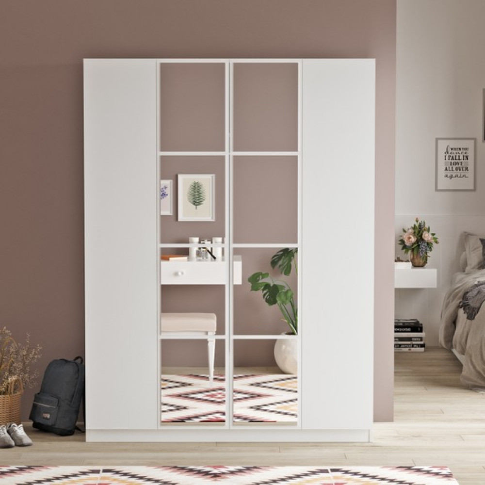 Robin Home Montana 4 Kapaklı Çekmeceli Aynalı Gardırop Gardrop Elbise Dolabı Mo2-W - Beyaz Gardrop & Dolap Fiyatı