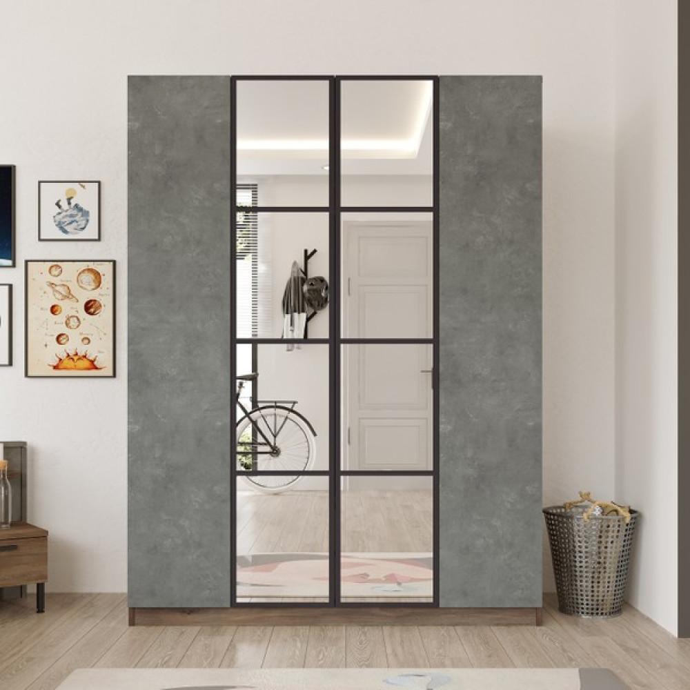 Robin Home Montana 4 Kapaklı Çekmeceli Aynalı Gardırop Gardrop Elbise Dolabı Mo2-W - Gri Gardrop & Dolap Fiyatı