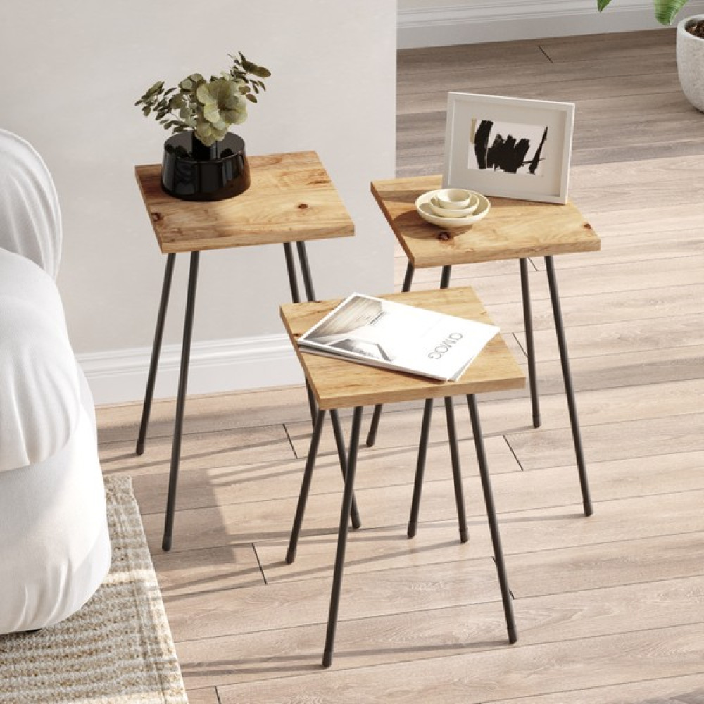 Robin Home Robin Home otto 3'lü Zigon Sehpa Metal Ayaklı Atlantik Çam Zigon Sehpa Fiyatı