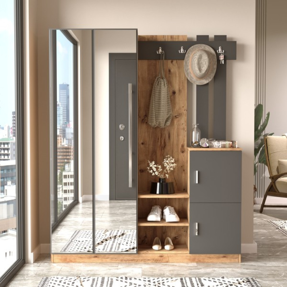 Robin Home Sofia Aynalı Vestiyer Portmanto Ayakkabılık Antrasit Portmanto Fiyatı