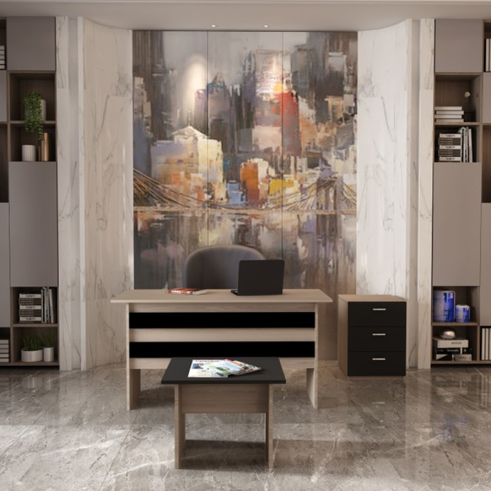Robin Home Verona Abc Ofis Büro Masa Takımı Ofis Masası + Keson + Ofis Sehpası - Meşe - Siyah Ofis Çalışma Masası Fiyatı