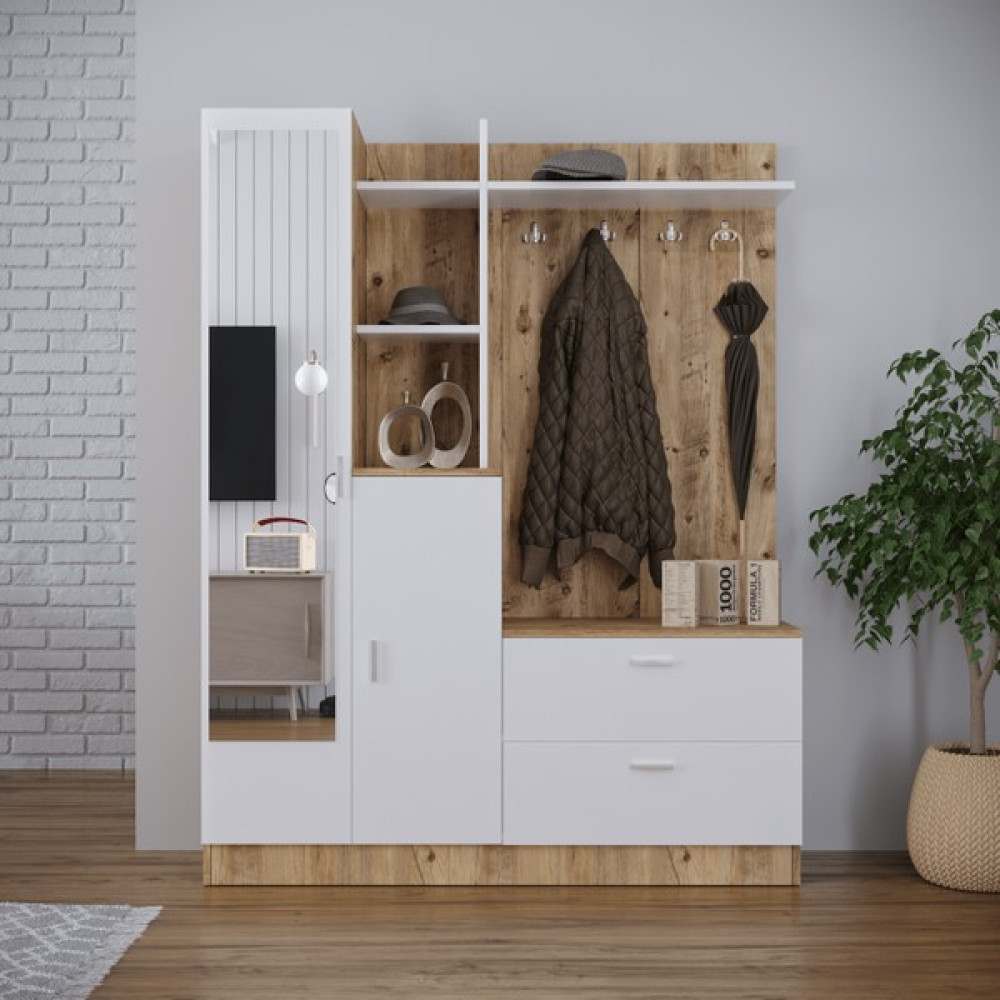 Robin Home Vestiyer Ayakkabılık Portmanto Aynalı Raf Atlantik Çam Beyaz Portmanto Fiyatı