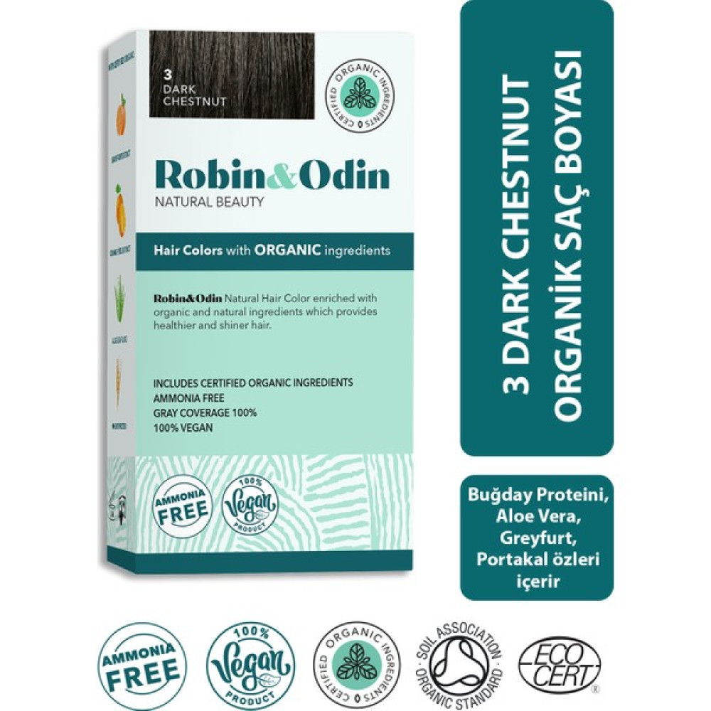 Robin & Odin Organik Amonyaksız Kalıcı Saç Boyası 3 Dark Chestnut / Koyu Kestane Saç Boyası Fiyatı