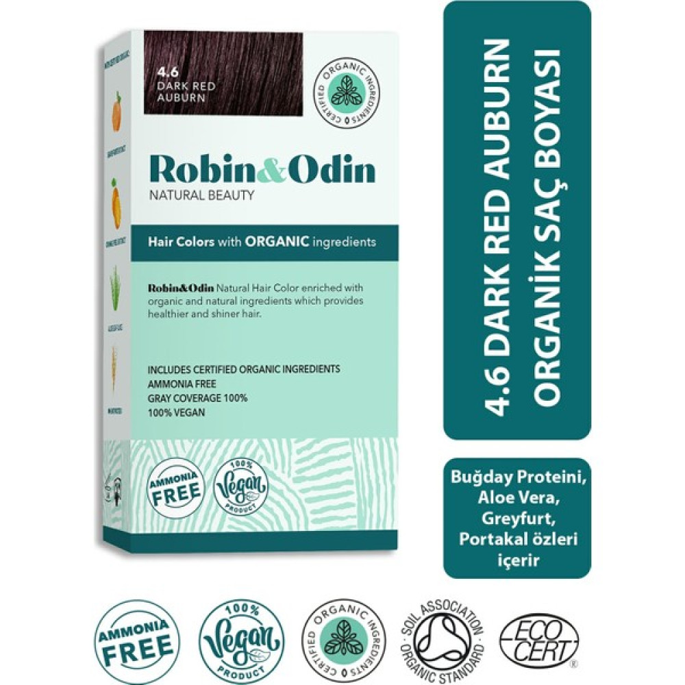 Robin & Odin Organik Amonyaksız Kalıcı Saç Boyası 4.6 Dark Red Auburn/Koyu Kırmızı Kumral - 4.6 Dark Red Auburn Saç Boyası Fiyatı