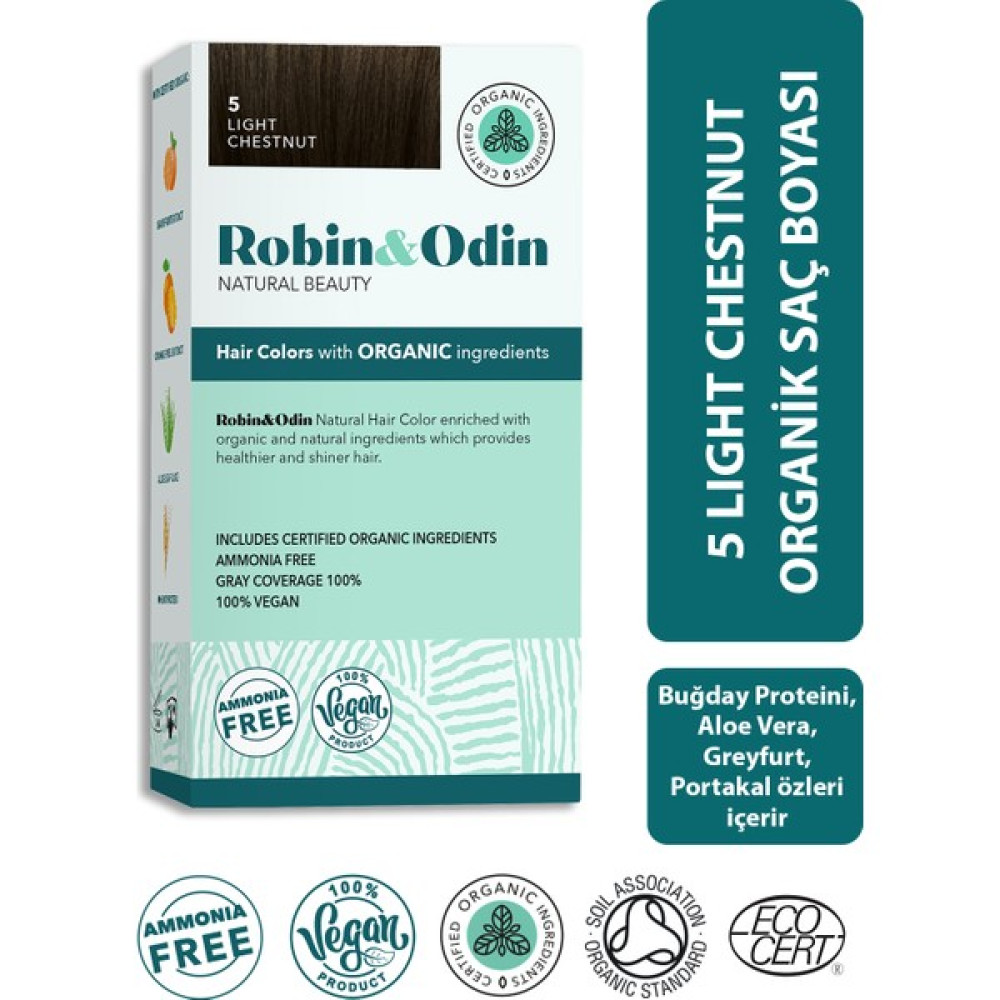 Robin & Odin Organik Amonyaksız Kalıcı Saç Boyası 5 Light Chestnut / Açık Kestane Saç Boyası Fiyatı