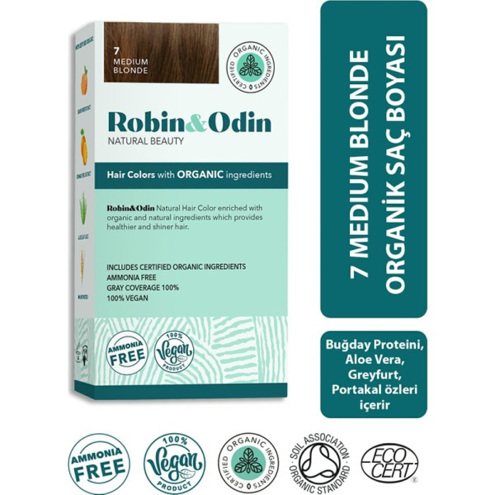 Robin & Odin Organik Amonyaksız Kalıcı Saç Boyası 7 Medium Blonde / Orta Sarı Saç Boyası Fiyatı