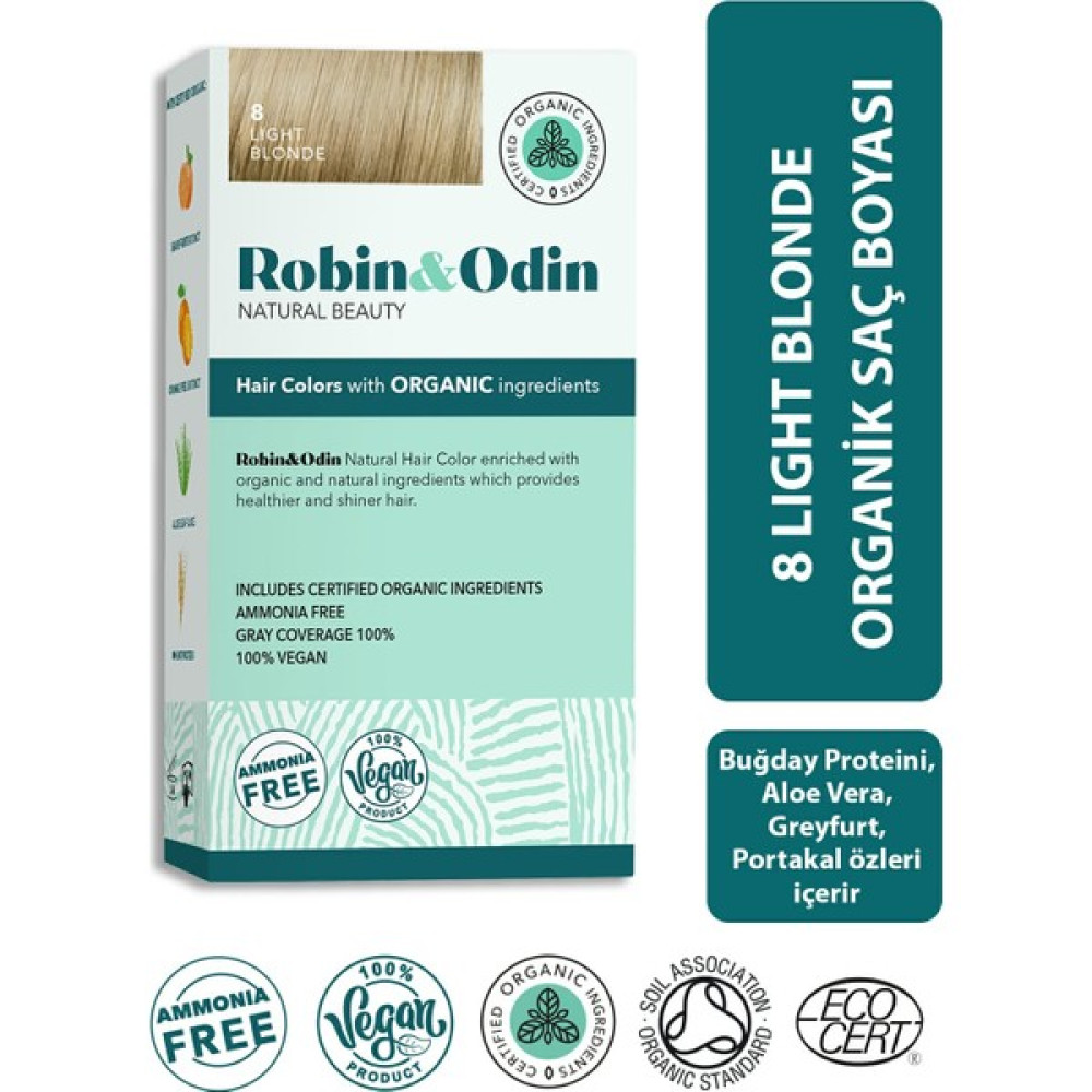 Robin & Odin Organik Amonyaksız Kalıcı Saç Boyası 8 Light Blonde / Açık Sarı Saç Boyası Fiyatı