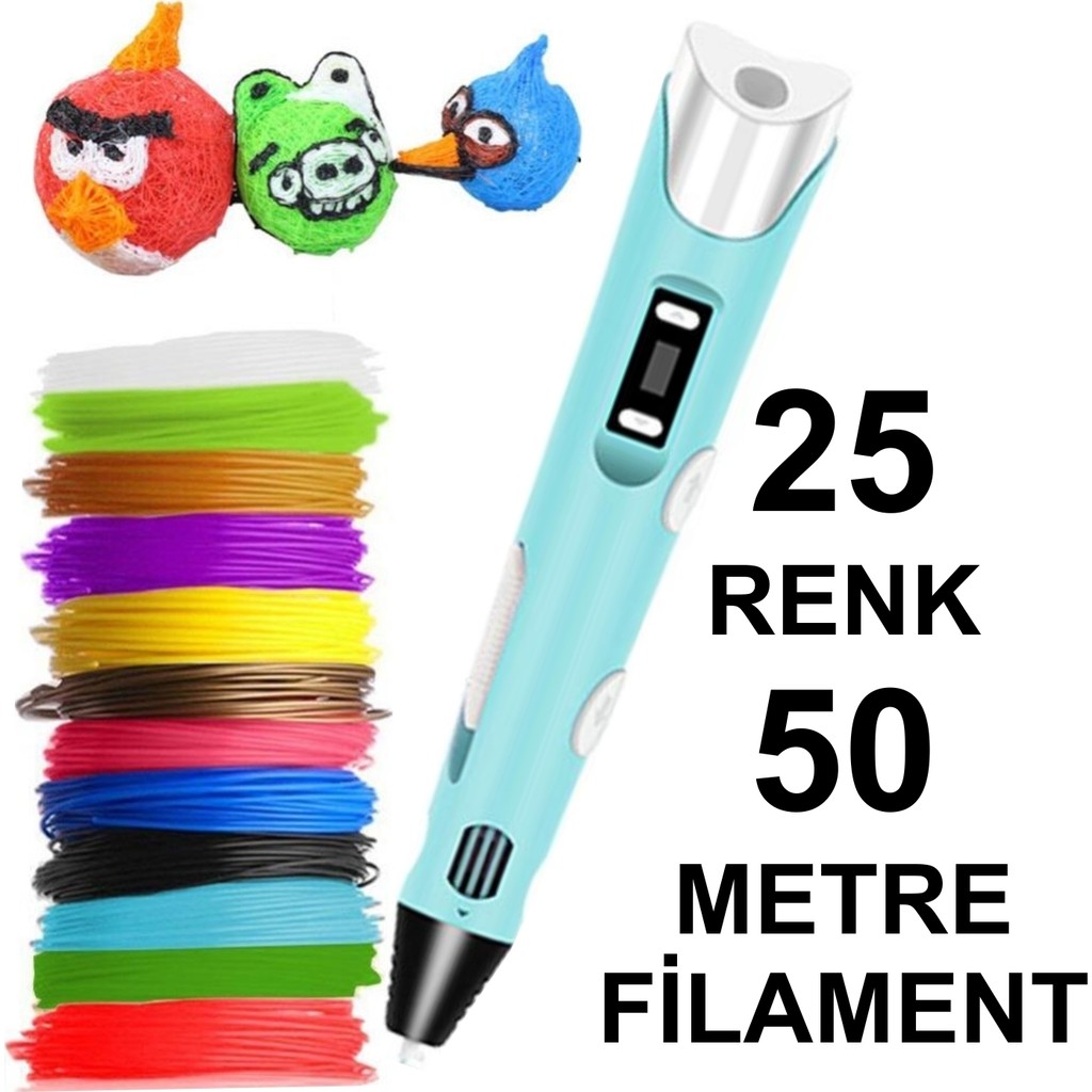Robobloq Mavi 3D Kalem Yazıcı+25 Renk 50 Metre (25X2METRE) Pla Filament - Renkli Kalem & Yazı Gereçleri Fiyatı