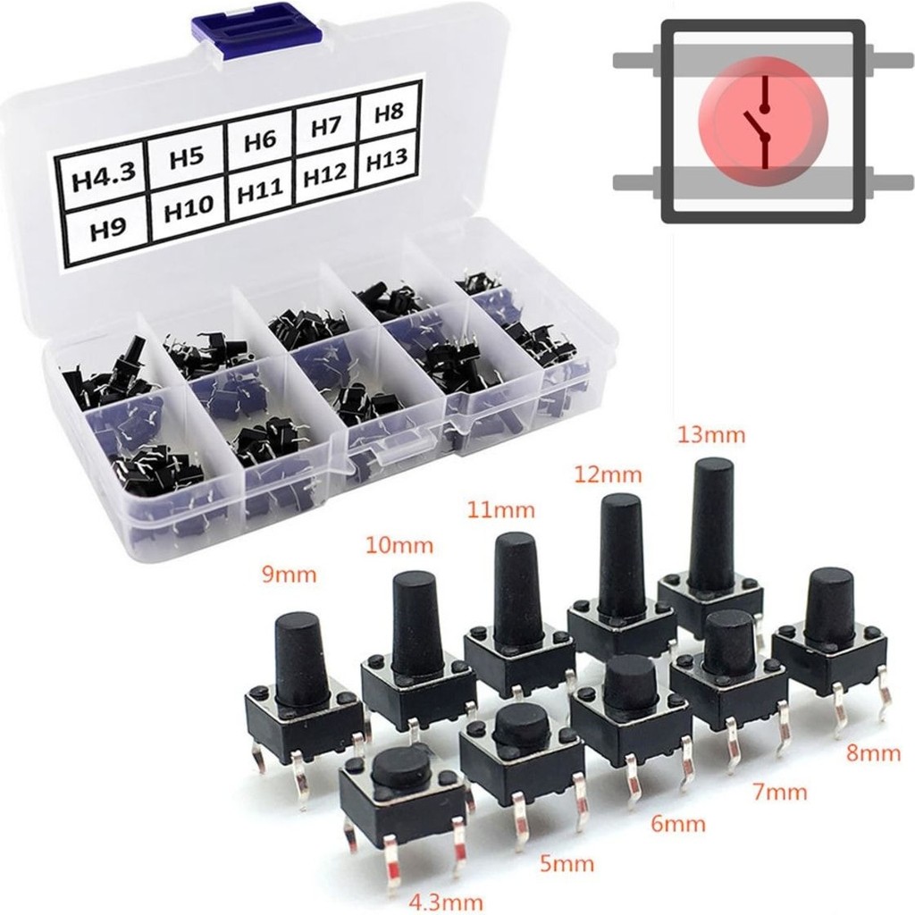 Roboyol Store 200 Adet 6X6MM Tact Buton Set 10 Farklı Yükseklikte 4 Pin Dokunmatik Anlık Basmalı Düğme Anahtar Diğer Fiyatı