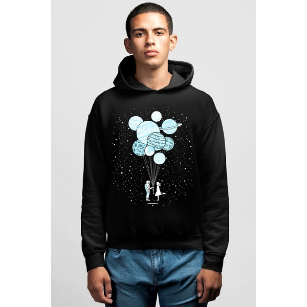 Rock&Roll Balon Gezegenler Siyah Kapüşonlu Erkek Sweatshirt Erkek Sweatshirt Fiyatı