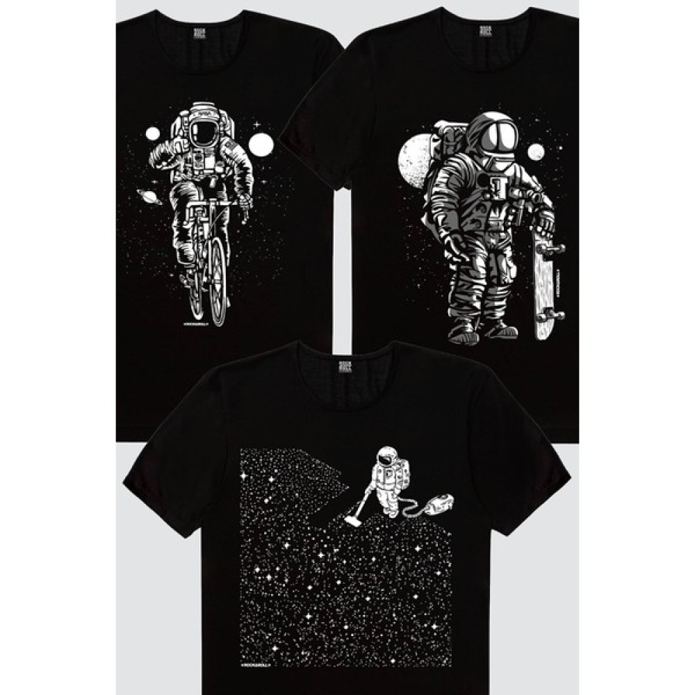 Rock&Roll Bisikletli Astronot, Süpürgeli Astronot, Kaykaycı Astronot Erkek 3'lü Eko Paket T-Shirt Erkek T-shirt Fiyatı