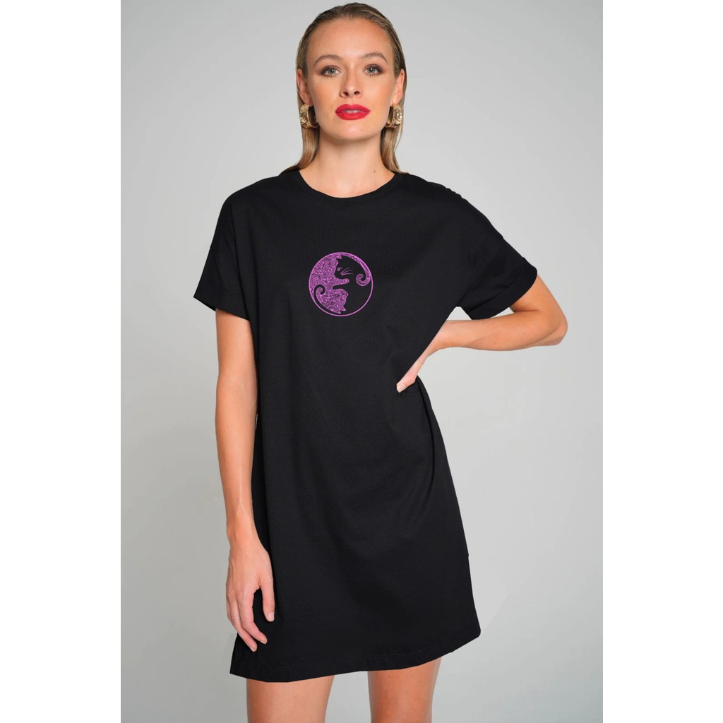 Rock&Roll Denge Kedileri Siyah Kısa Kollu Penye T-Shirt Elbise Elbise Fiyatı