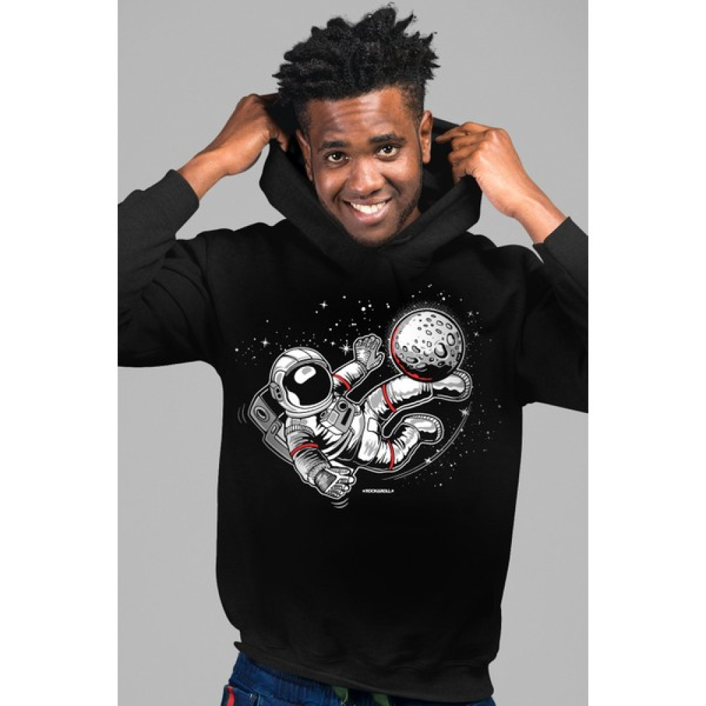 Rock&Roll Futbolcu Astronot Siyah Kapüşonlu Erkek Sweatshirt Erkek Sweatshirt Fiyatı