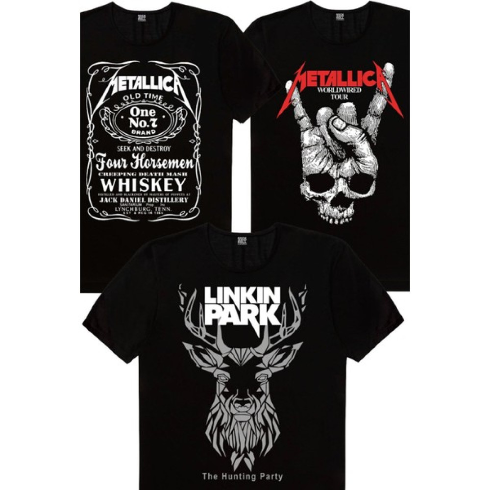 Rock&Roll Geometrik Geyik, Kuru El, Metallica Jack Logo Erkek 3'lü Eko Paket T-Shirt Erkek T-shirt Fiyatı