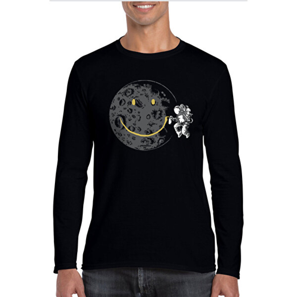 Rock&Roll Grafitici Astronot Bisiklet Yaka Siyah Uzun Kollu Penye Erkek T-Shirt Erkek T-shirt Fiyatı