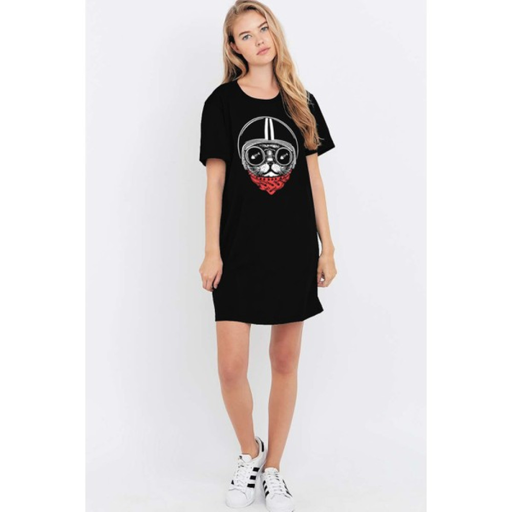 Rock&Roll Kasklı Kedi Siyah Kısa Kollu Penye T-Shirt Elbise Elbise Fiyatı