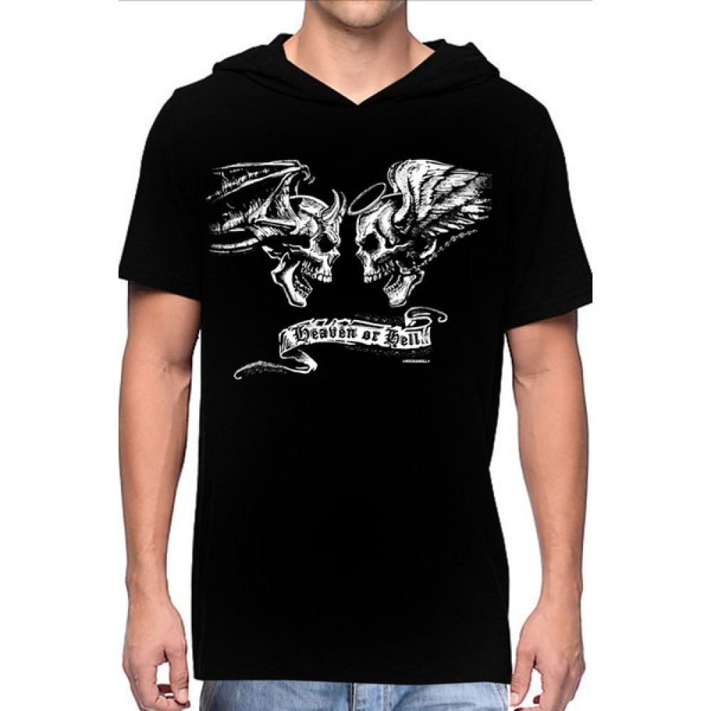 Rock&Roll Melek Şeytan Siyah Kapüşonlu Kısa Kollu Erkek Tişört Erkek T-shirt Fiyatı