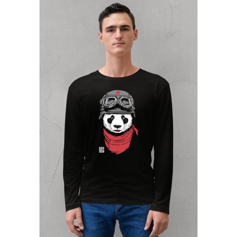 Rock&Roll Rock & Roll Bandanalı Panda Bisiklet Yaka Siyah Uzun Kollu Penye Erkek T-Shirt Erkek T-shirt Fiyatı