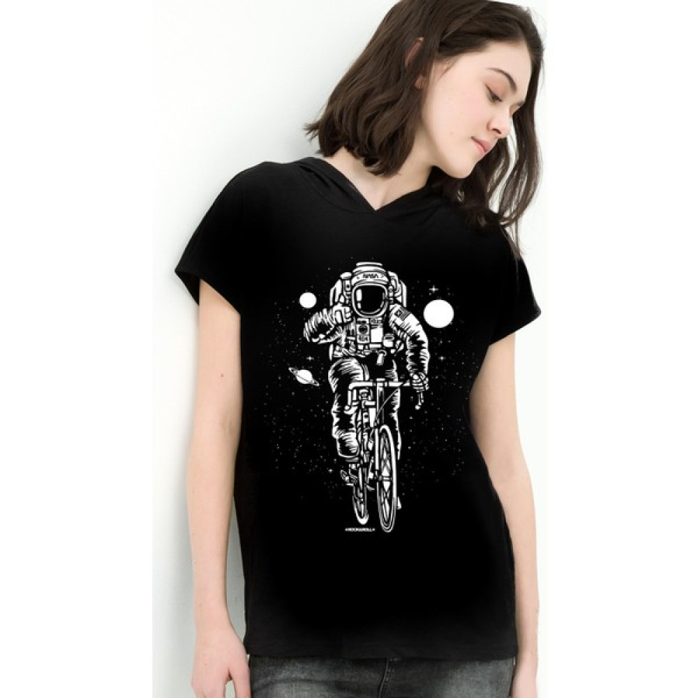 Rock&Roll Rock & Roll Bisikletli Astronot Siyah Kapşonlu Kısa Kollu Kadın T-Shirt Bayan T-shirt Fiyatı