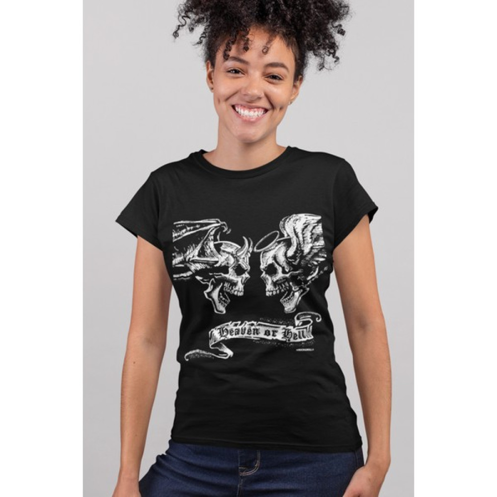 Rock&Roll Rock & Roll Melek Şeytan Siyah Kısa Kollu Kadın T-Shirt Bayan T-shirt Fiyatı