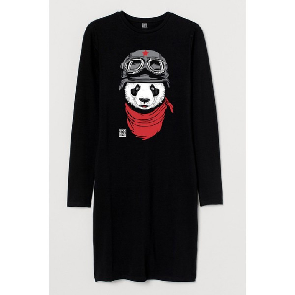 Rock&Roll Rock & Roll Rock & Roll Bandanalı Panda Siyah Uzun Kollu Penye T-Shirt Kadın Elbise Elbise Fiyatı