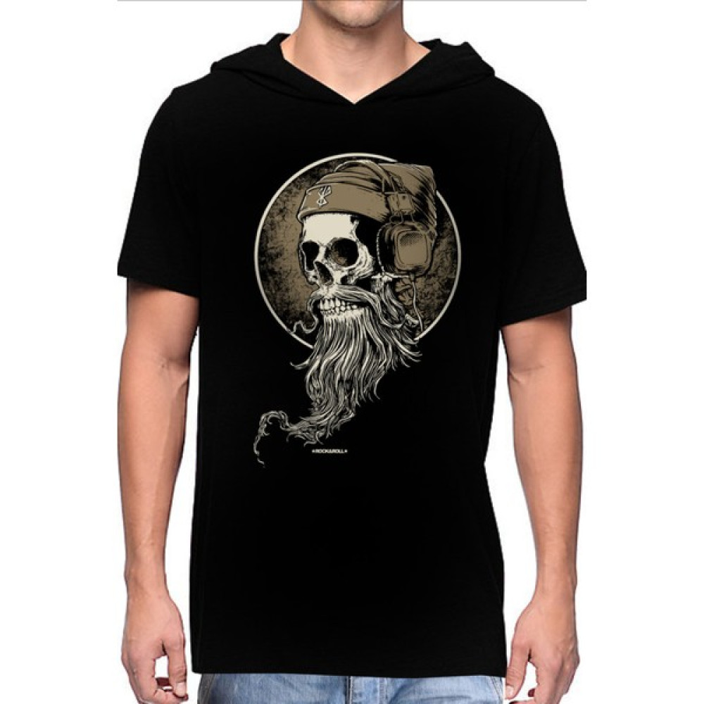 Rock&Roll Sakallı Kurukafa Siyah Kapüşonlu Kısa Kollu Erkek Tişört Erkek T-shirt Fiyatı