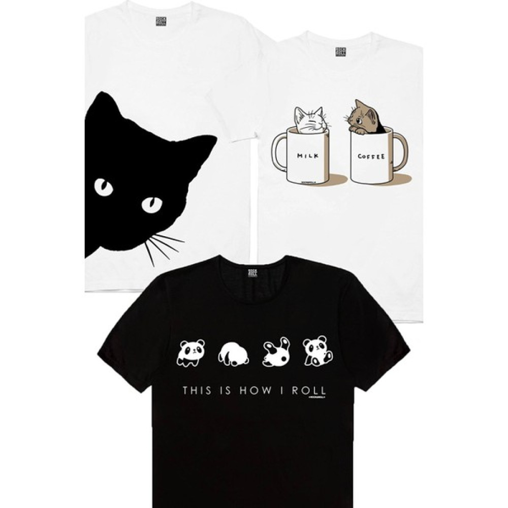 Rock&Roll Sütlü ve Sade, Beyaz Meraklı, Panda Taklası Kadın 3'lü Eko Paket T-Shirt Bayan T-shirt Fiyatı
