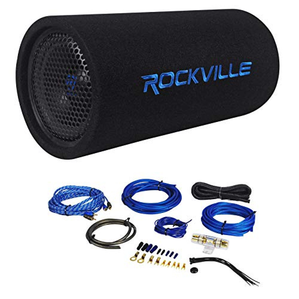 Rockville Bundle RTB80A 8" 400 Watt Powered Subwoofer Bass Tube + MP3 Input Bundle RWK81 8 Gauge Complete Amp Installation Wire Kit with 100% Copper RCA (2 Items)