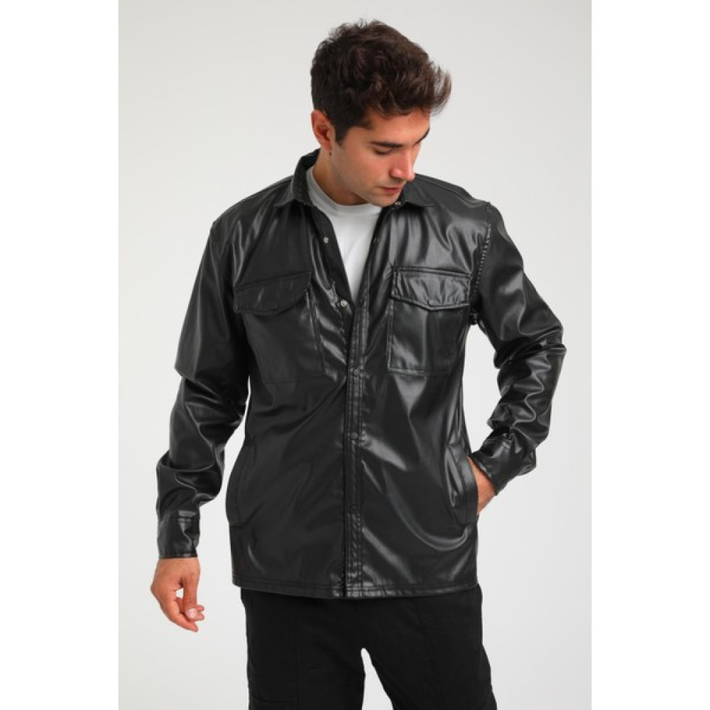 Rocqerx R-3848 Ayaklı Yaka Çift Cep Kapaklı Deri Gömlek Erkek Sweatshirt Fiyatı