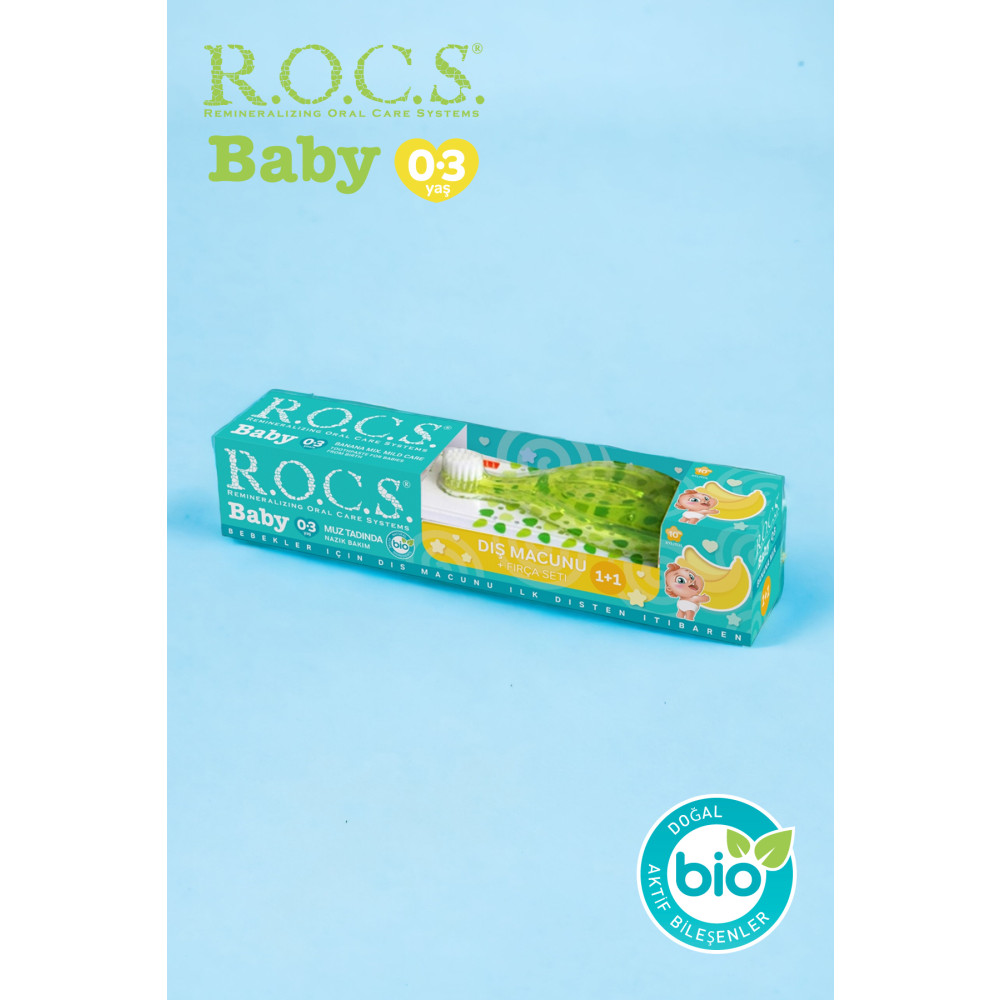 R.O.C.S. Rocs Baby 0-3 Yaş Muz Püresi Tadında Diş Macunu 45g + Diş Fırçası Seti Yeşil Bebek Diş Macunu Fiyatı