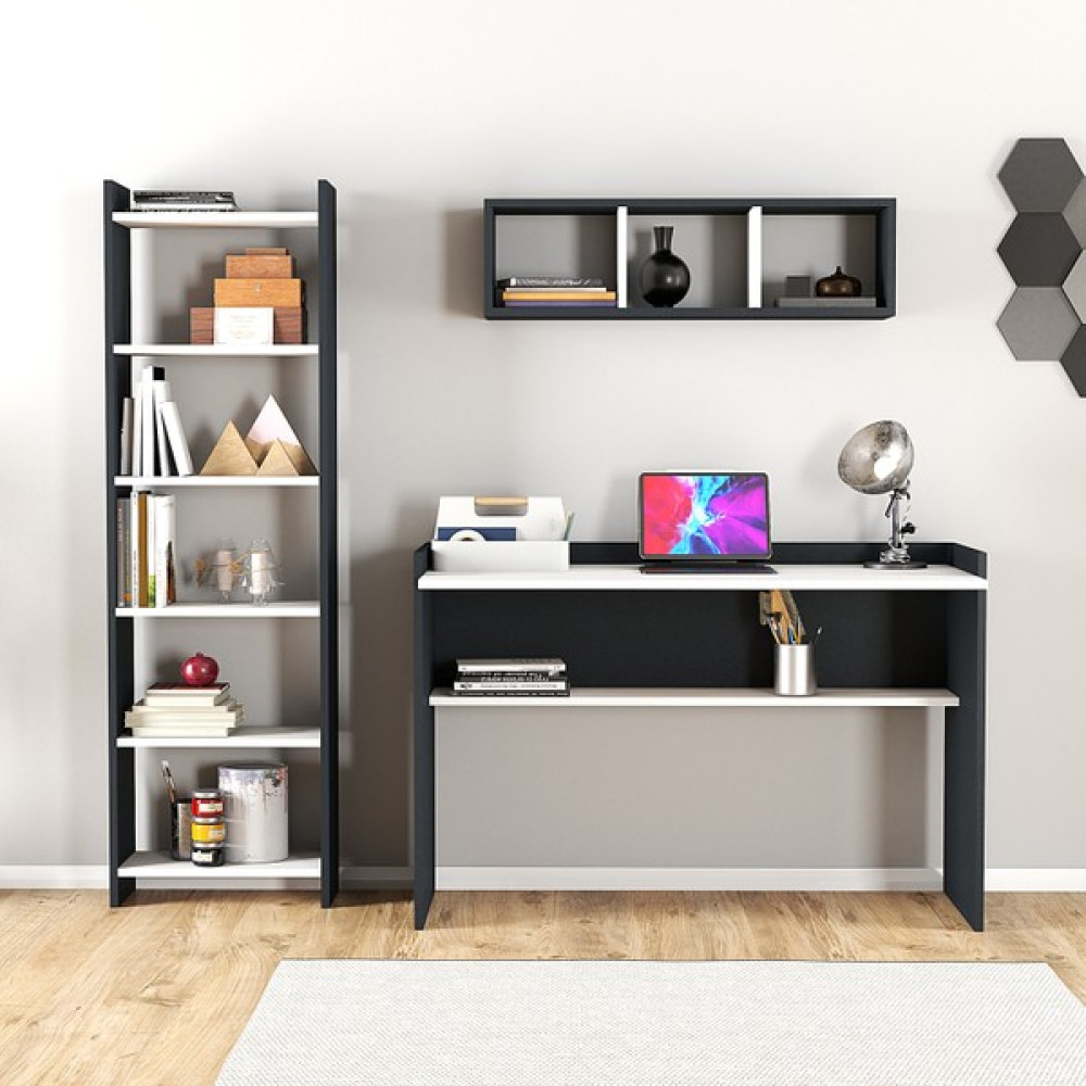 Roewood Çalışma Masası Kitaplık Duvar Rafı - 120*60 - Beyaz - Antrasit Çalışma Masası Fiyatı