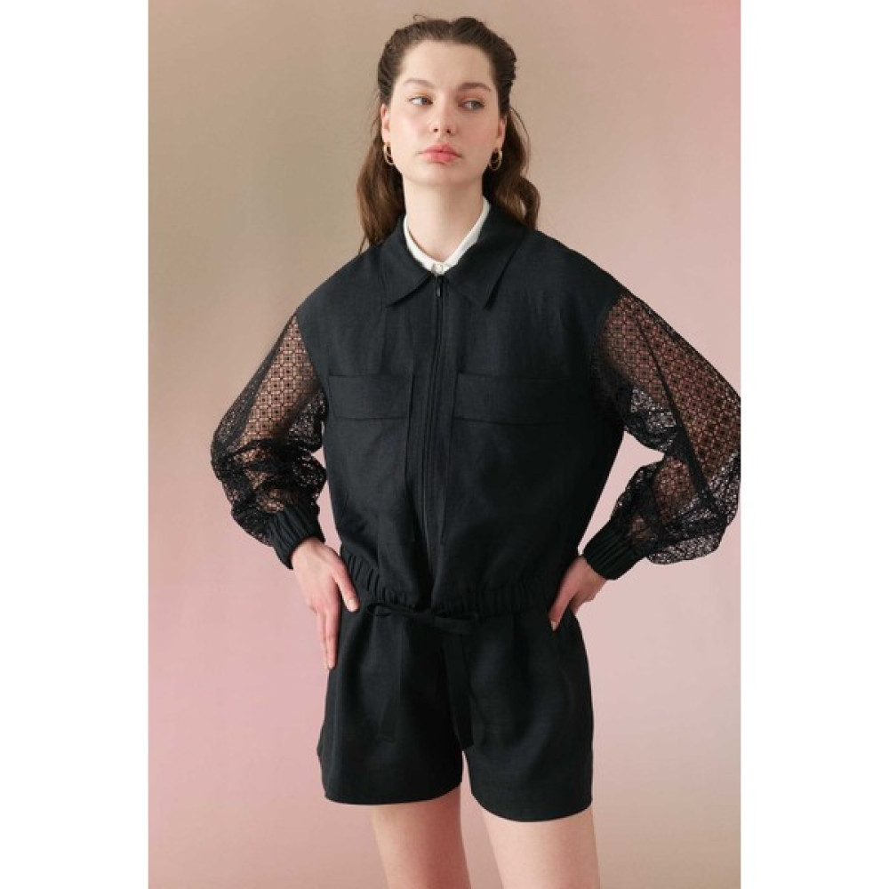 ROMAN Beli Kuşaklı Keten Bomber Ceket Siyah Y2416501_001 Bayan Ceket Fiyatı