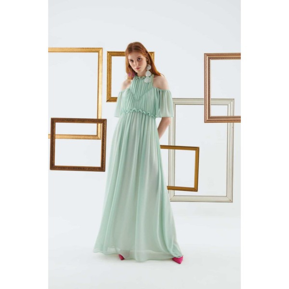 ROMAN Yakası Büzgülü Abiye Elbise- Bilinçli Ürün Mint Y2231302_097 Elbise Fiyatı