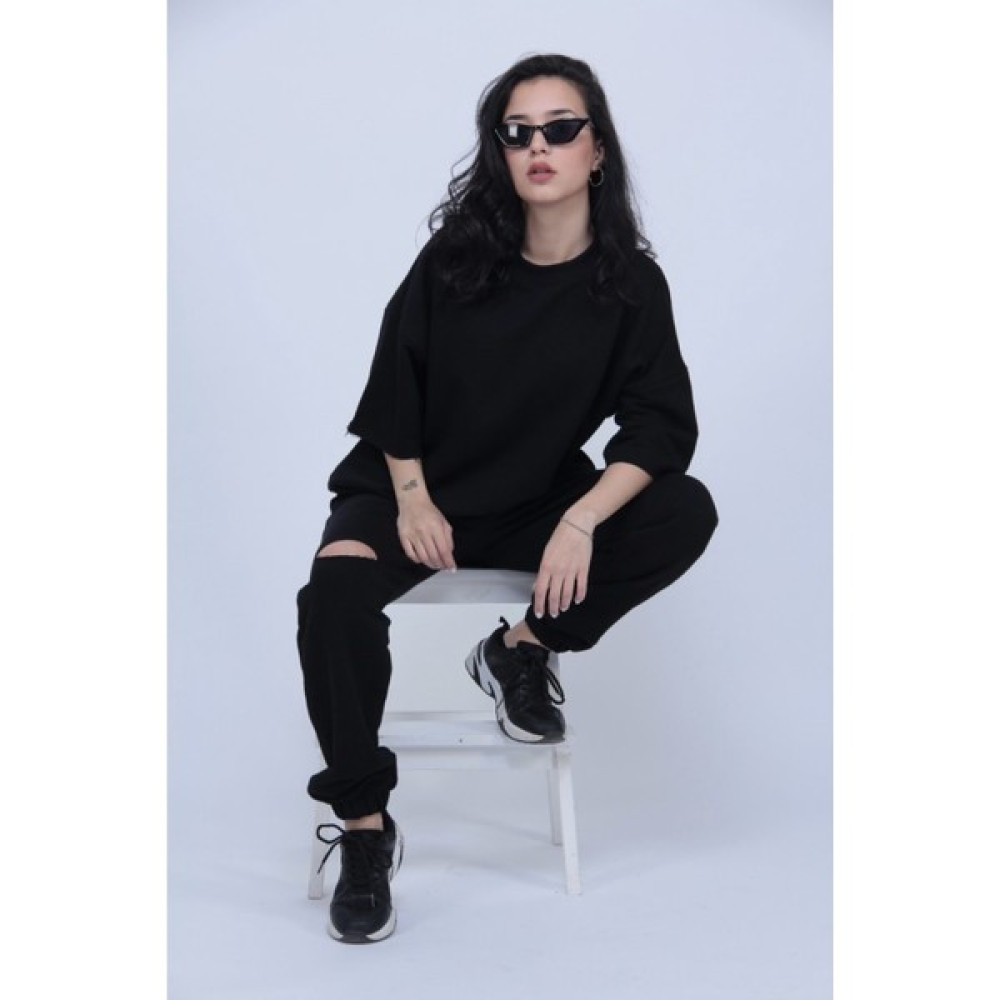 Ronay Butik Kadın Siyah Oversize Dizi Yırtık Eşofman Takımı Kadın Eşofman Fiyatı