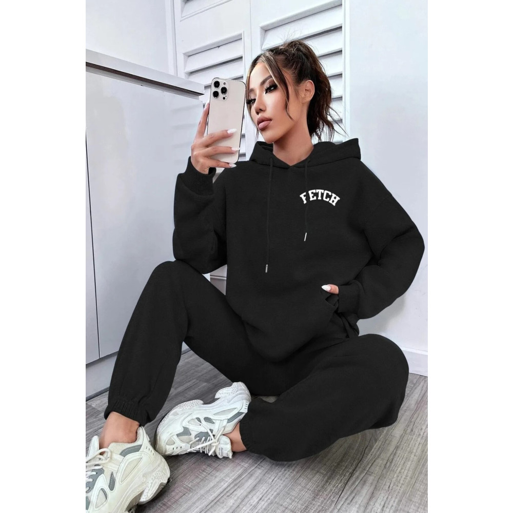 ronay butik Kapüşonlu Kombin Alt Üst Eşofman Takımı - Siyah Baskılı Oversize Lastik Paça M Beden Kadın Giyim Fiyatı