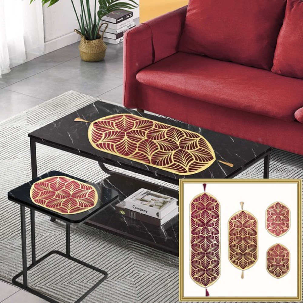 Ronik Kadife,varaklı Deri Işlemeli Yaprak Desen,4 Parça Takımı.1 Runner,1 Salon Masasi,2 Sehpa Örtüsü /masa Örtüsü/sehpa Örtüsü - Kırmızı - Gold Masa Örtüsü Fiyatı
