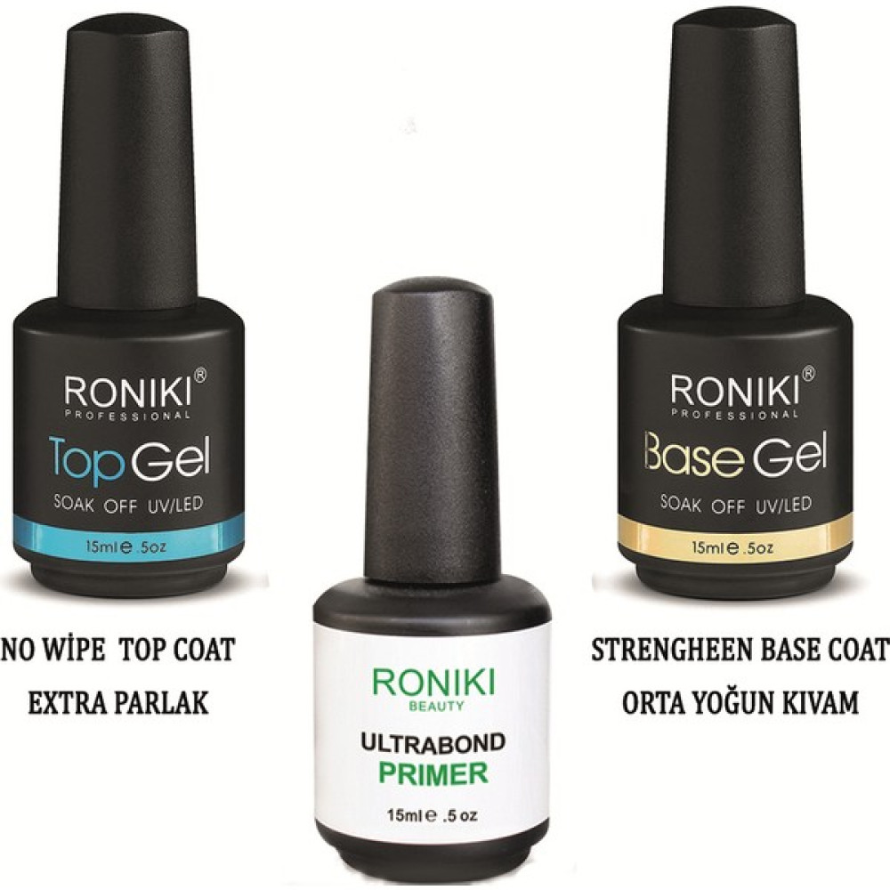 Roniki Professıonal 15 ml Ultrabond Primer Base Coat Top Coat 3'lü Set - ULTRABOND PRİMER BASE COAT TOP COAT 3'LÜ SET Oje Fiyatı