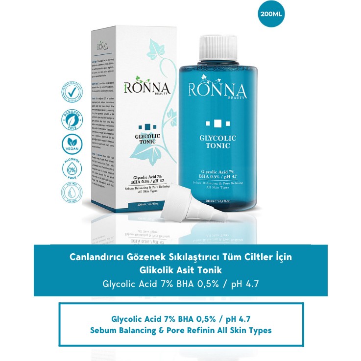 Ronna Beauty Glycolic Tonic 200 ml Bha 05% Ph 4.7 Cilt Temizleme ve Peeling Fiyatı