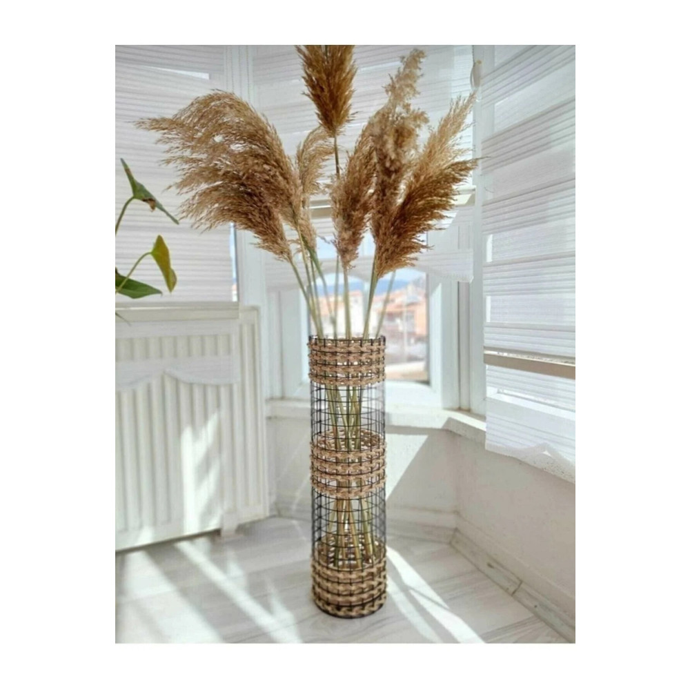 Rood Wit Metal Tel-hasır Örgülü Özel Tasarım Pampas Vazosu 60 cm Vazo Fiyatı