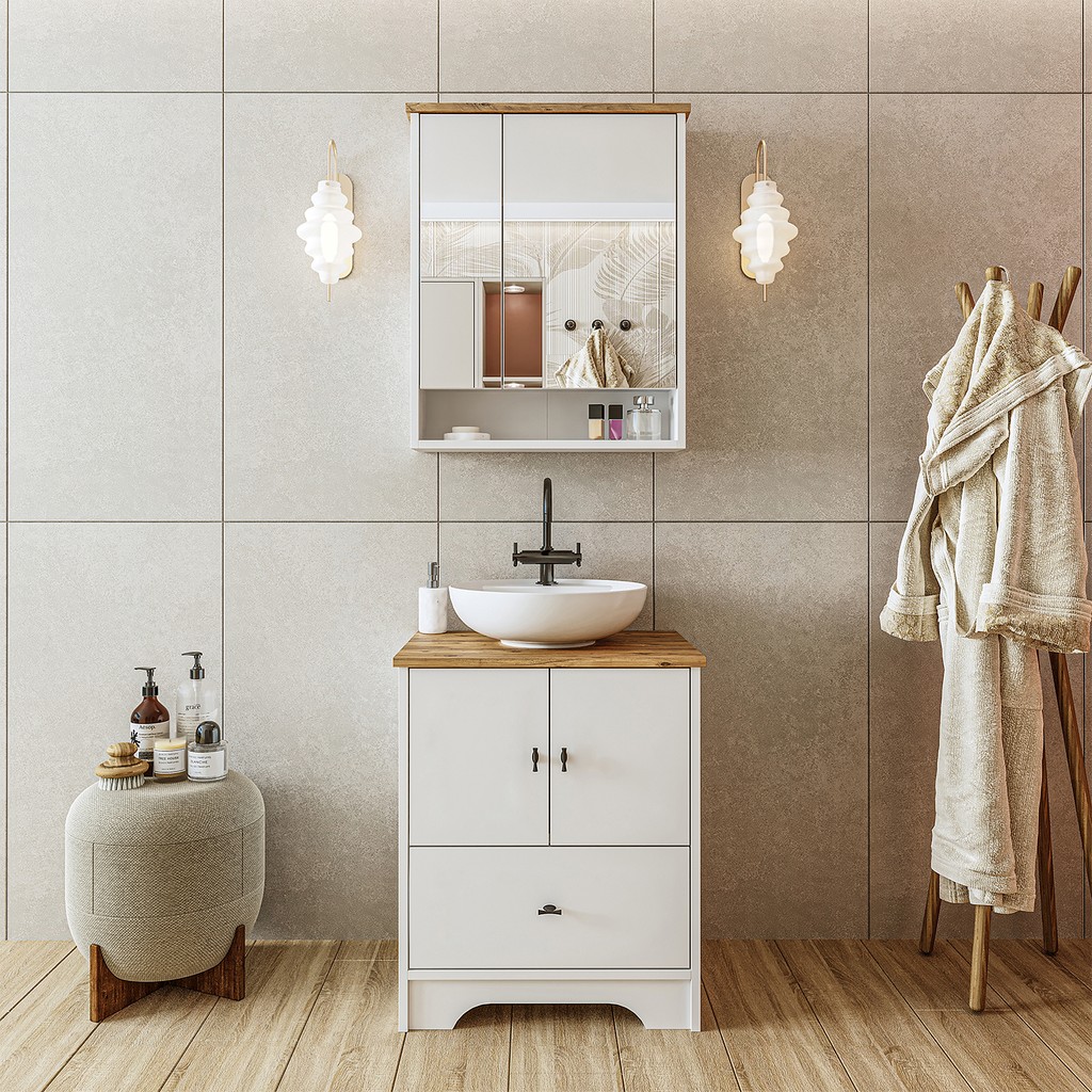 Roomart Ayaklı 2 Kapaklı Lavabolu Mat Beyaz Mdf 60 cm Çekmeceli Banyo Dolabı Aynalı Üst Dolabı Banyo Dolabı / Mobilyası Fiyatı