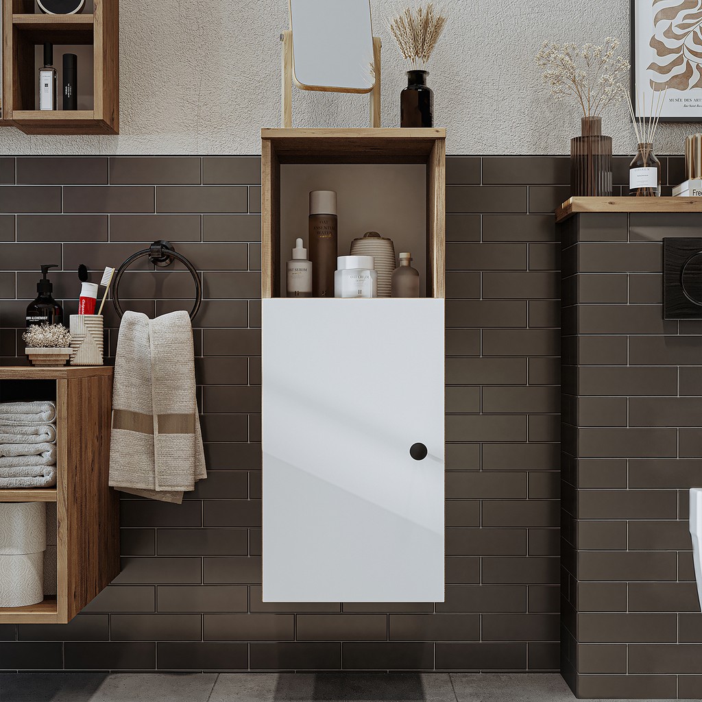 Roomart Banyo Dolabı Mat Mdf 90 x 35 cm Banyo Boy Dolabı - Atlantik Çam - Beyaz Banyo Dolabı / Mobilyası Fiyatı