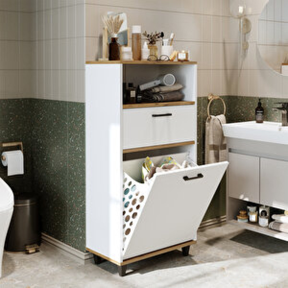 Roomart Çamaşır Sepetli Banyo Dolabı, Çok Amaçlı Çekmeceli Dolap 60 Cm Atlantik Çam - Beyaz Banyo Dolabı / Mobilyası Fiyatı