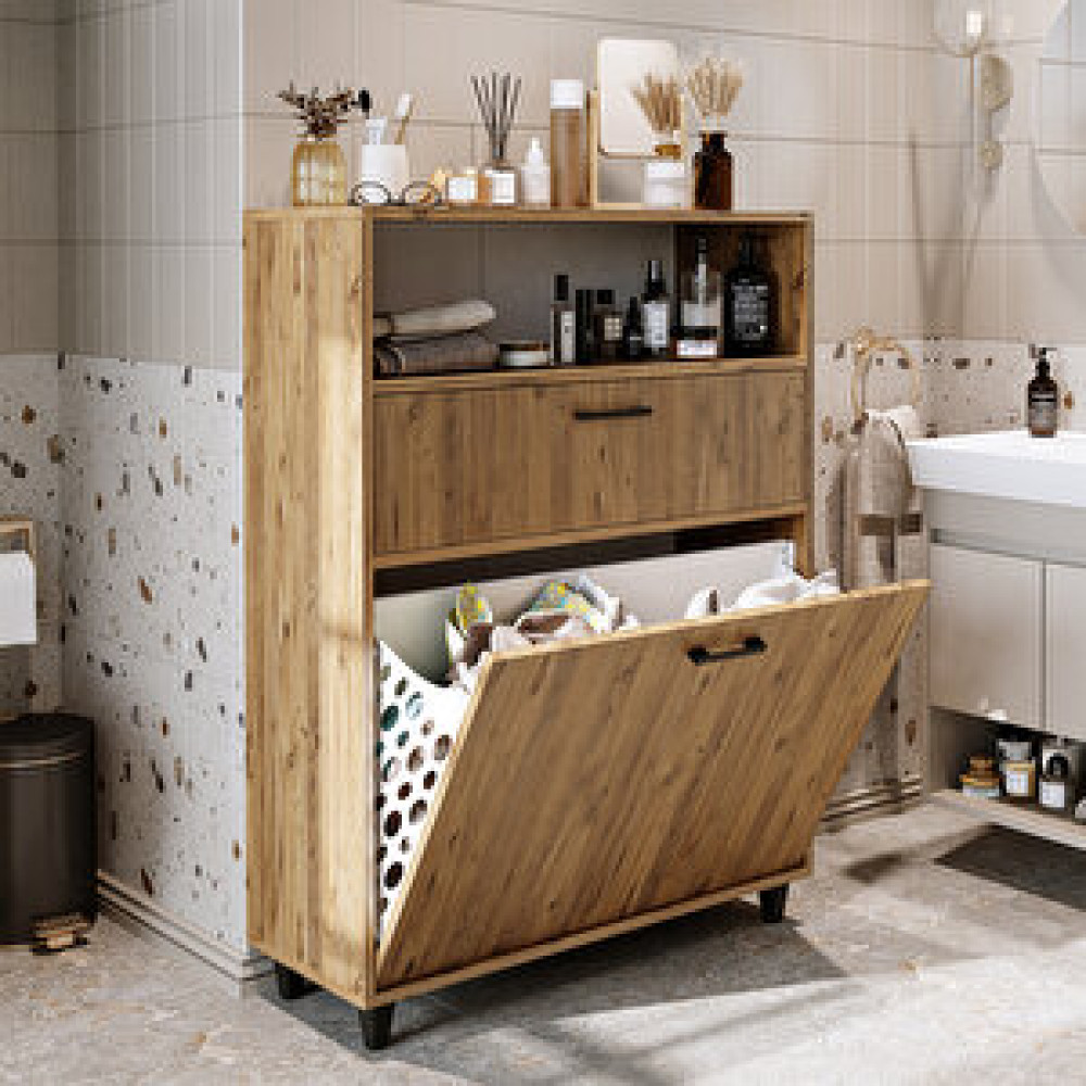 Roomart Çamaşır Sepetli Banyo Dolabı, Çok Amaçlı Çekmeceli Dolap 90 Cm Atlantik Çam Banyo Dolabı / Mobilyası Fiyatı