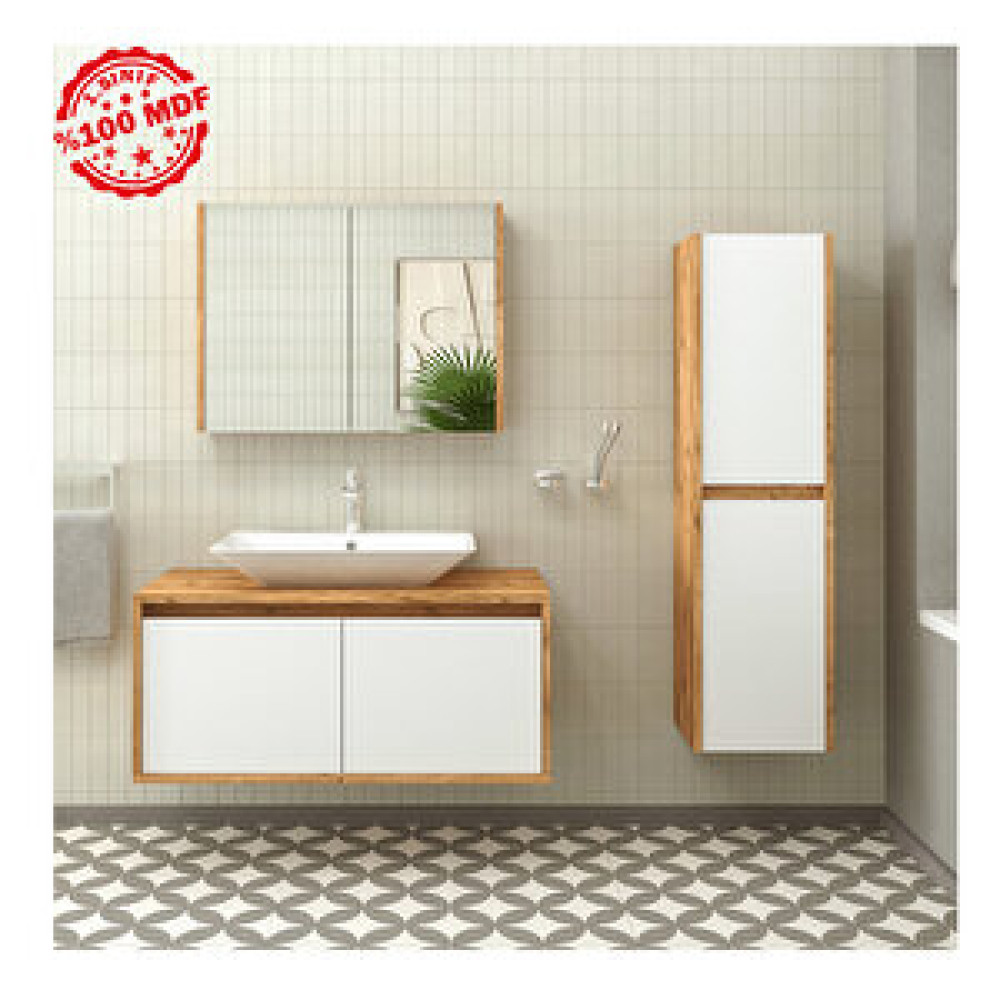 Roomart Lavabolu Boy Dolaplı 100 Cm Banyo Dolap Takımı - Ahşap Mat Beyaz Banyo Dolabı / Mobilyası Fiyatı